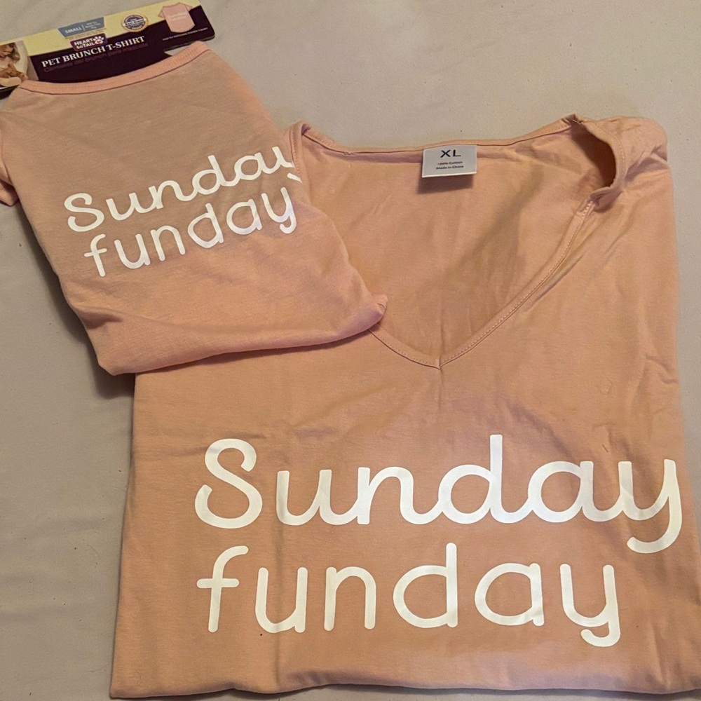 Sunday Funday Peach V-Neck Tee with matching pup tee